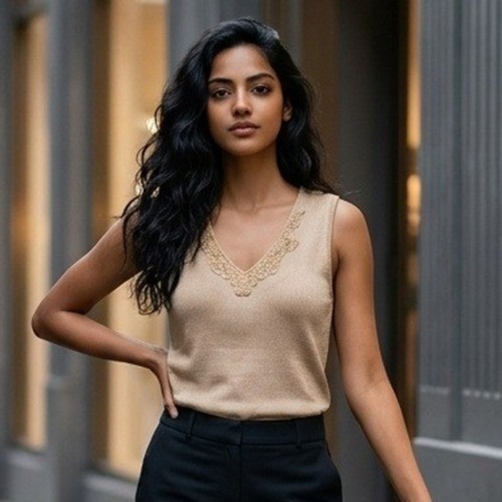 Talbots Woman 1X Tan Vintage‎ Beaded VNeck Sleeveless Knit Top Stretch Hong Kong
